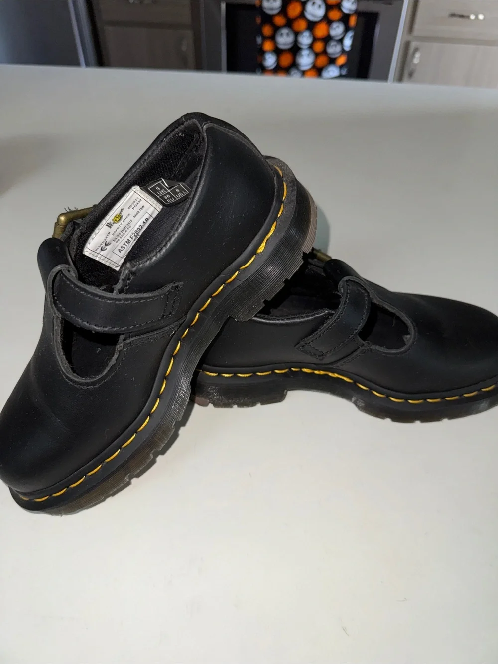 Dr. Martens Black Leather T-Bar Shoes with Yellow Stitching